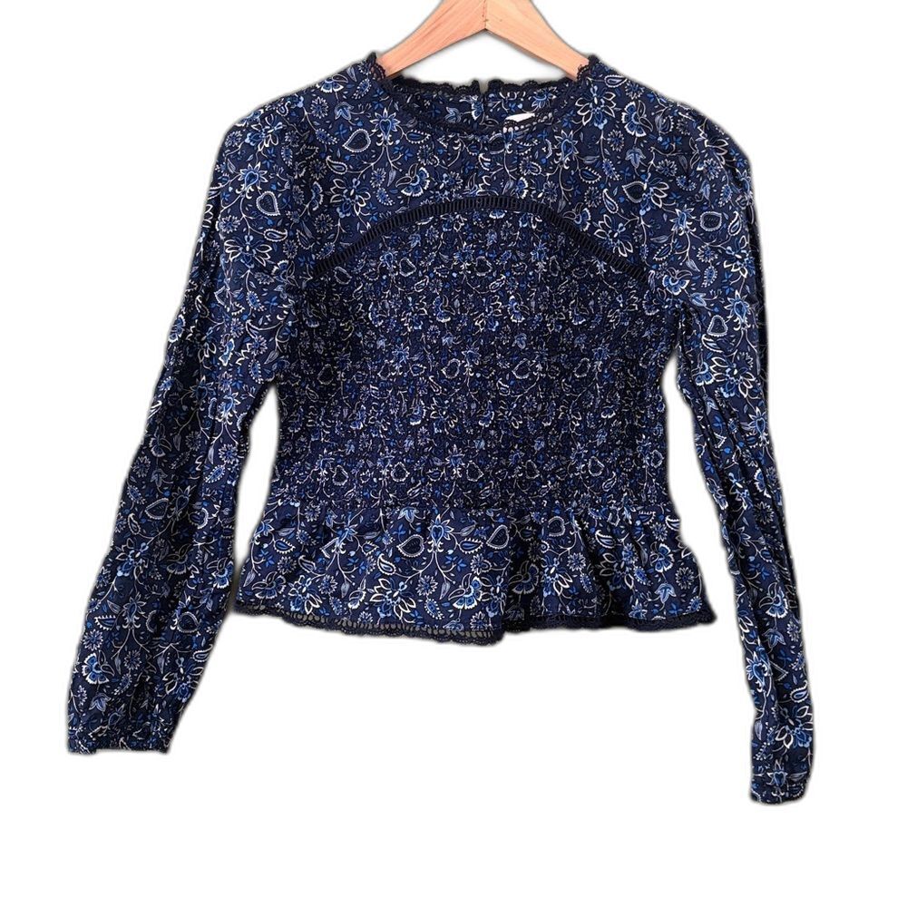 LOFT Vine Smocked Blouse Blue Paisley Floral Long Sleeve Blouse Sz S